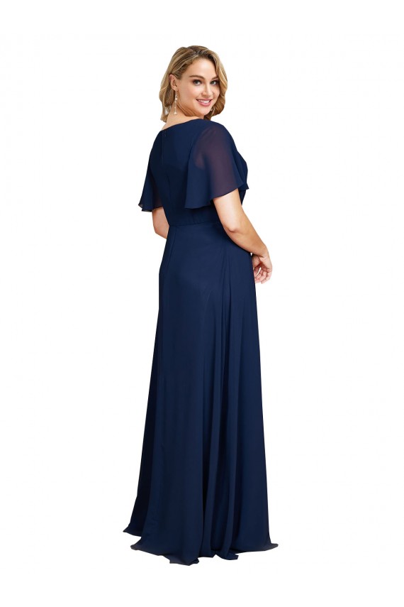 Comprimento Chão Marinha Negra Mangas Esvoaçantes, Mangas Curtas Linha A Vestidos de Madrinha / Vestidos de Noite / Vestidos de Festa Por Atacado