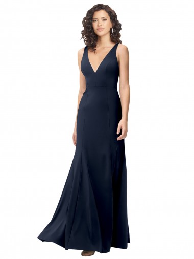 Comprimento Chão Marinha Negra Sem Mangas Linha A Costas em V Longo Vestidos de Madrinha / Vestidos de Noite / Vestidos de Festa Por Atacado