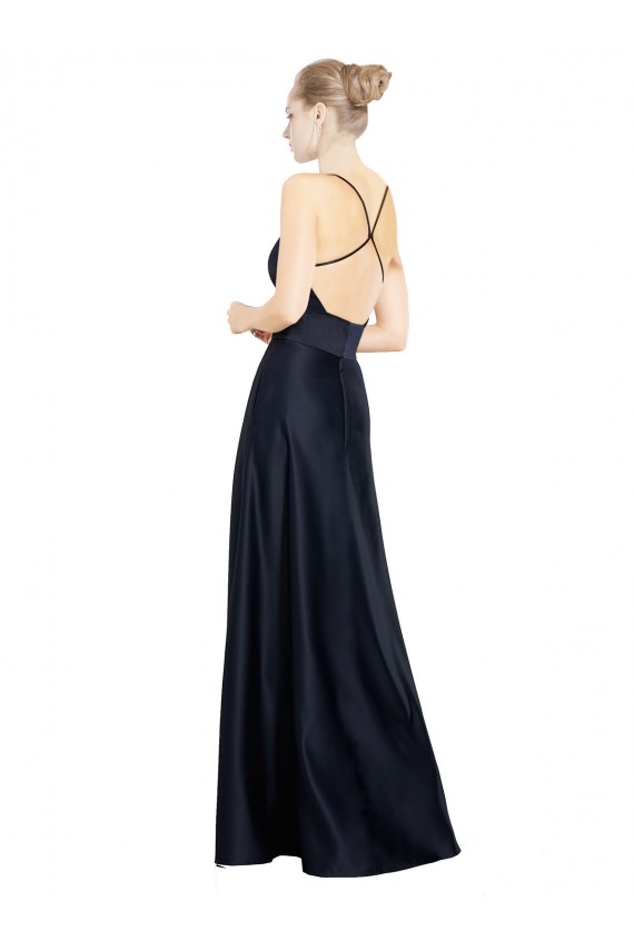 Comprimento Chão Marinha Negra Sem Mangas Linha A Longo Alças finas Vestidos de Madrinha / Vestidos de Festa Por Atacado