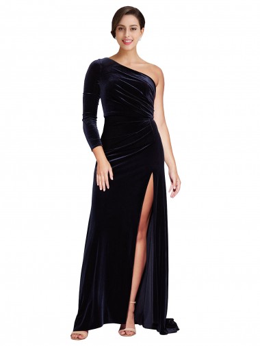 Comboio Varredela Marinha Negra Mangas Compridas Linha A Vestidos de Madrinha / Vestidos de Noite / Vestidos de Festa Por Atacado