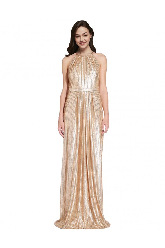 Comprimento Chão Ouro Sem Mangas Bainha Vestidos de Madrinha / Vestidos de Noite / Vestidos de Festa Por Atacado