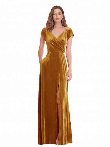 Comprimento Chão Ouro Mangas Curtas Bainha Vestidos de Madrinha / Vestidos de Noite / Vestidos de Festa Por Atacado