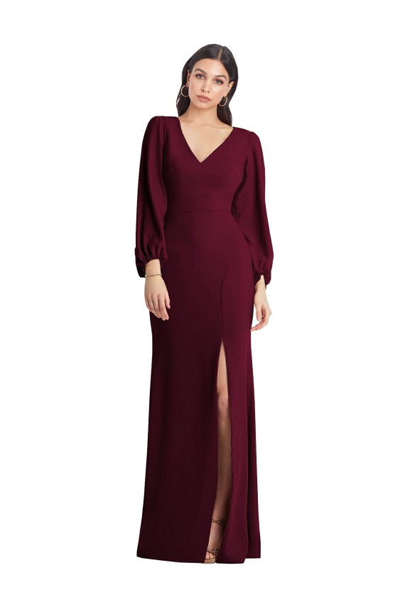 Comprimento Chão Ouro Borgonha Mangas Bufantes Trombeta Vestidos de Madrinha / Vestidos de Festa Por Atacado