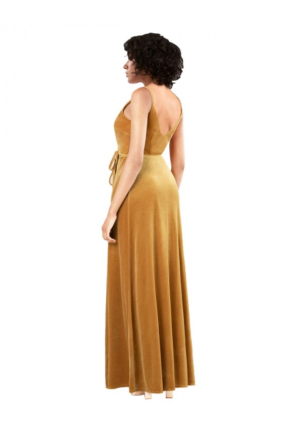 Comprimento Chão Ouro Sem Mangas Coluna Costas em V Vestidos de Madrinha / Vestidos de Noite / Vestidos de Festa Por Atacado