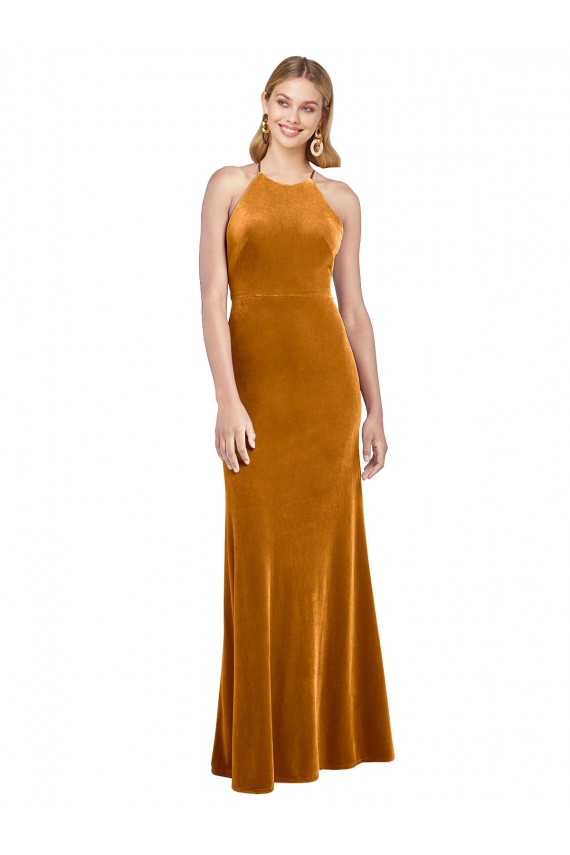 Comprimento Chão Ouro Sem Mangas Linha A Criss Cruz Cabeçada Vestidos de Madrinha / Vestidos de Noite / Vestidos de Festa Por Atacado