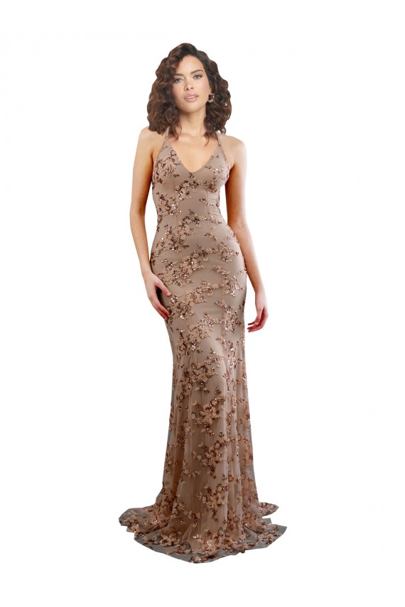 Comprimento Chão Ouro Rosa Sem Mangas Sereia Abrir de volta Vestidos de Madrinha / Vestidos de Noite / Vestidos de Festa Por Atacado
