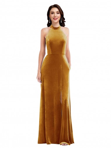 Comprimento Chão Ouro Sem Mangas Trombeta Buraco da fechadura Vestidos de Madrinha / Vestidos de Festa Por Atacado