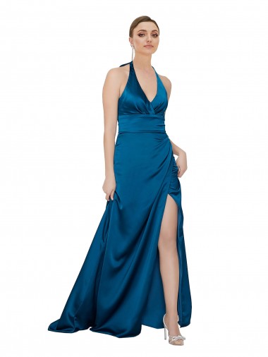 Comprimento Chão Pavão Azul Sem Mangas Linha A Abrir de volta Vestidos de Madrinha / Vestidos de Noite / Vestidos de Festa Por Atacado