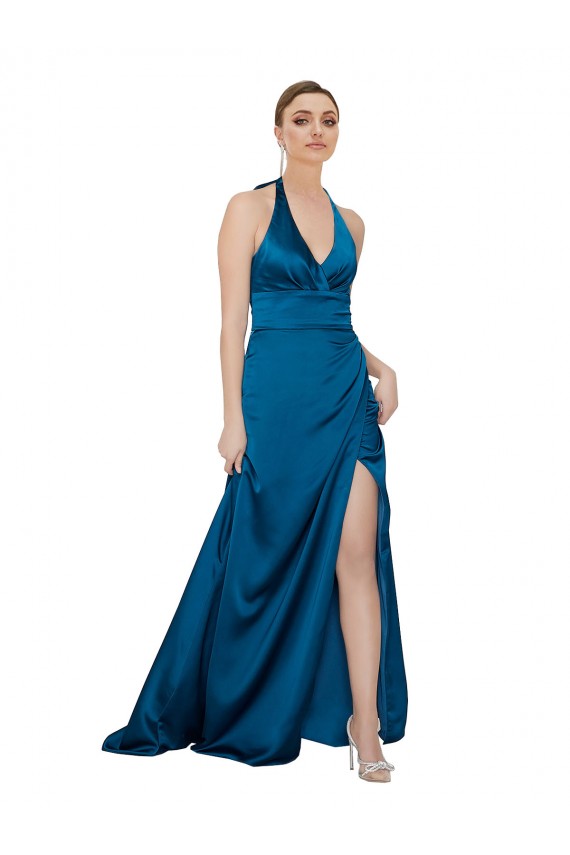 Comprimento Chão Pavão Azul Sem Mangas Linha A Abrir de volta Vestidos de Madrinha / Vestidos de Noite / Vestidos de Festa Por Atacado