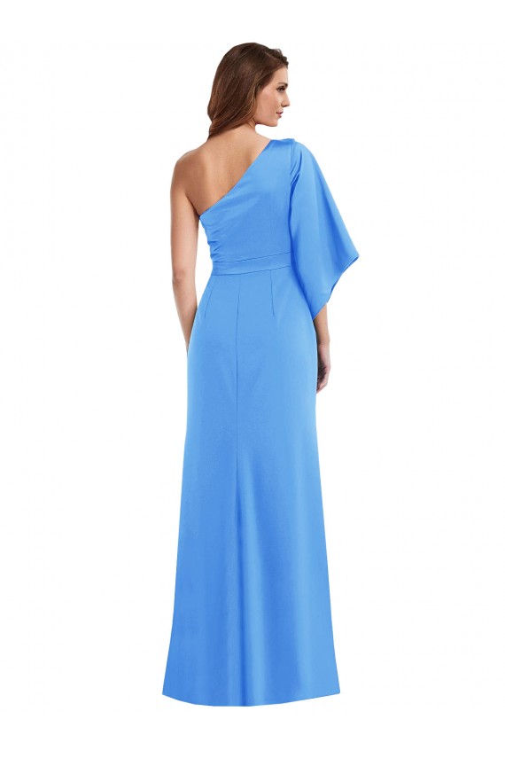 Comprimento Chão Pavão Azul Mangas Sino Trombeta Vestidos de Madrinha / Vestidos de Festa Por Atacado