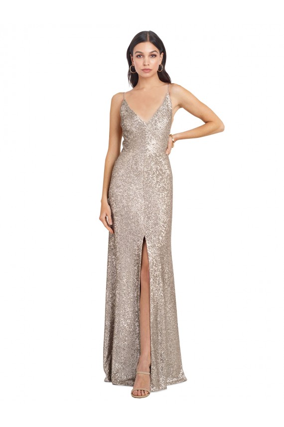 Comprimento Chão Prata Sem Mangas Bainha Costas em V Decote V Vestidos de Madrinha / Vestidos de Noite / Vestidos de Festa Por Atacado