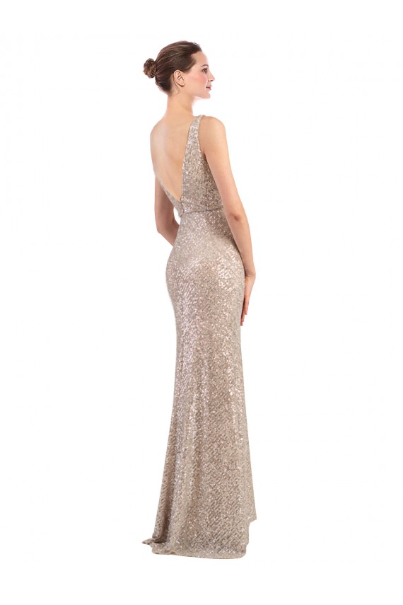 Comprimento Chão Prata Sem Mangas Bainha Costas em V Vestidos de Madrinha / Vestidos de Noite / Vestidos de Festa Por Atacado