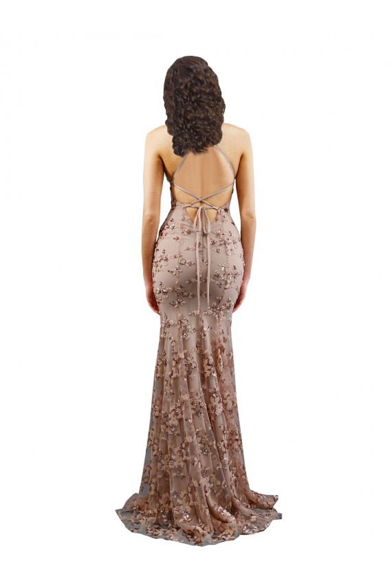 Comprimento Chão Ouro Rosa Sem Mangas Sereia Abrir de volta Vestidos de Madrinha / Vestidos de Noite / Vestidos de Festa Por Atacado