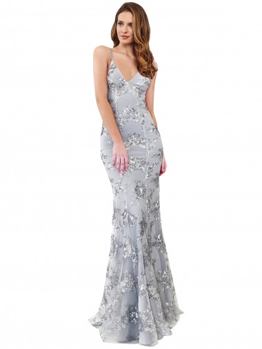 Comprimento Chão Prata Sem Mangas Sereia Abrir de volta Vestidos de Madrinha / Vestidos de Noite / Vestidos de Festa Por Atacado