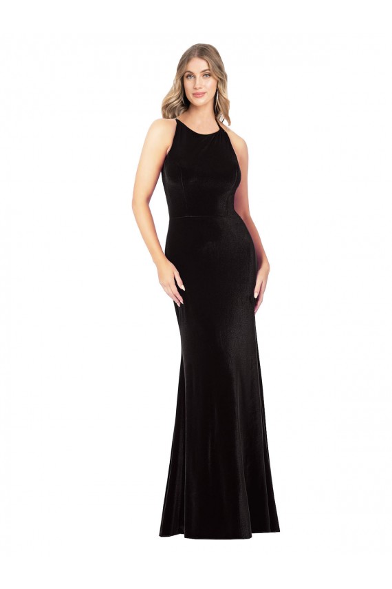 Comprimento Chão Preto Sem Mangas Bainha Criss Cruz Alças finas Vestidos de Madrinha / Vestidos de Noite / Vestidos de Festa Por Atacado