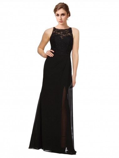 Comprimento Chão Preto Sem Mangas Bainha Decote Alto Vestidos de Madrinha Por Atacado