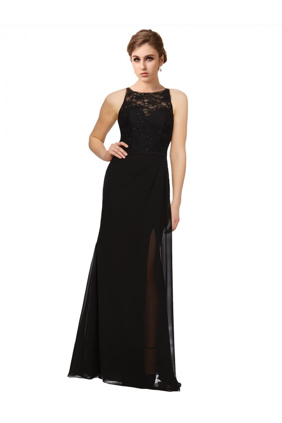 Comprimento Chão Preto Sem Mangas Bainha Decote Alto Vestidos de Madrinha Por Atacado