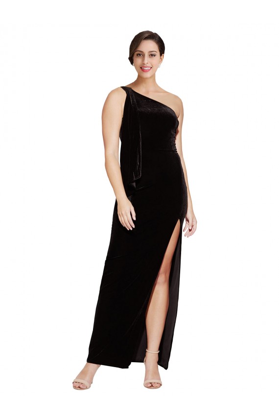 Comprimento Chão Preto Sem Mangas Bainha Um Ombro Vestidos de Madrinha / Vestidos de Noite / Vestidos de Festa Por Atacado