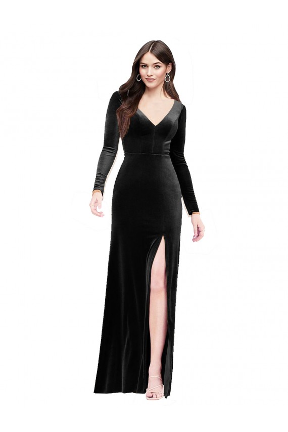 Comprimento Chão Preto Mangas Compridas Coluna Costas em V Vestidos de Madrinha / Vestidos de Noite / Vestidos de Festa Por Atacado