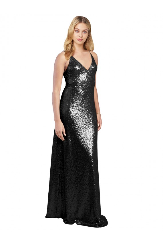 Comprimento Chão Preto Sem Mangas Linha A Costas em V Alças finas Vestidos de Madrinha / Vestidos de Noite / Vestidos de Festa Por Atacado