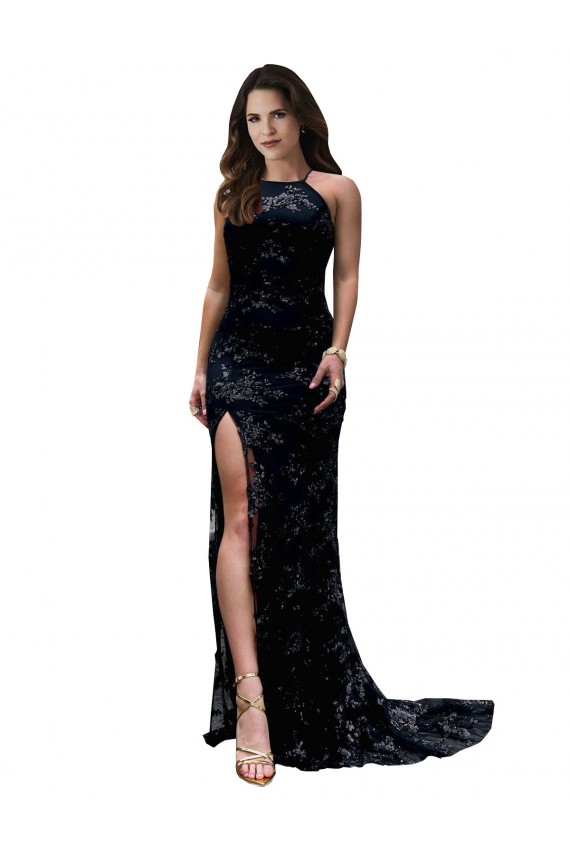Comprimento Chão Preto Sem Mangas Sereia Abrir de volta Decote Alto Vestidos de Madrinha / Vestidos de Noite / Vestidos de Festa Por Atacado