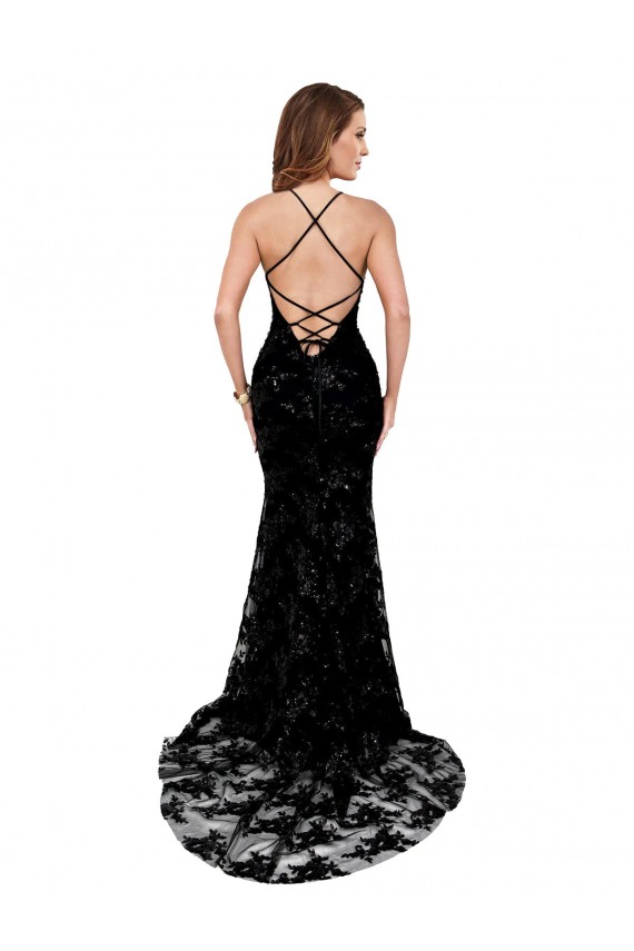 Comprimento Chão Preto Sem Mangas Sereia Abrir de volta Decote Alto Vestidos de Madrinha / Vestidos de Noite / Vestidos de Festa Por Atacado