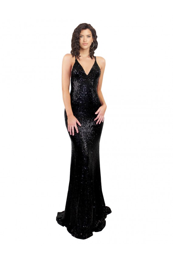 Comprimento Chão Preto Sem Mangas Sereia Criss Cruz Decote V Vestidos de Madrinha / Vestidos de Noite / Vestidos de Festa Por Atacado