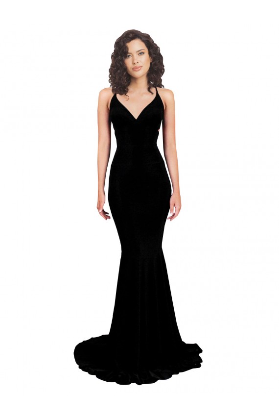 Comprimento Chão Preto Sem Mangas Sereia Abrir de volta Decote V Vestidos de Madrinha / Vestidos de Noite / Vestidos de Festa Por Atacado
