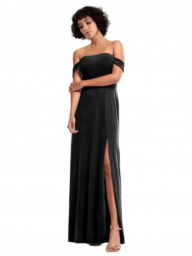 Comprimento Chão Preto Sem Mangas Linha A Fora do Ombro Vestidos de Madrinha / Vestidos de Noite / Vestidos de Festa Por Atacado