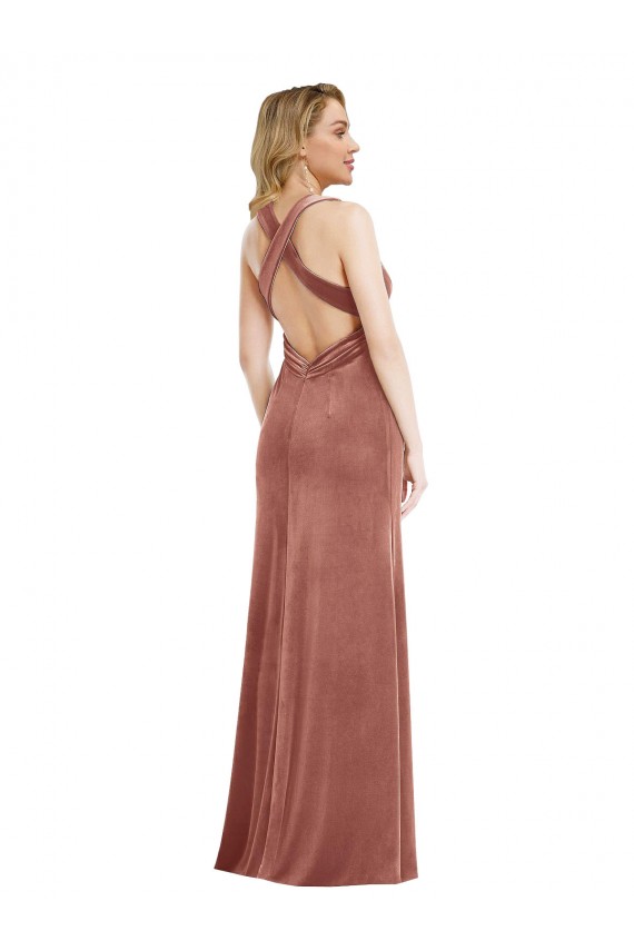Comprimento Chão Rosa Canela Sem Mangas Linha A Criss Cruz Vestidos de Madrinha / Vestidos de Noite / Vestidos de Festa Por Atacado