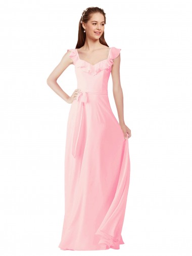 Comprimento Chão Rosa Mangas Curtas Linha A Vestidos de Madrinha Por Atacado