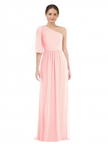 Comprimento Chão Rosa Mangas Sino Linha A Vestidos de Madrinha Por Atacado