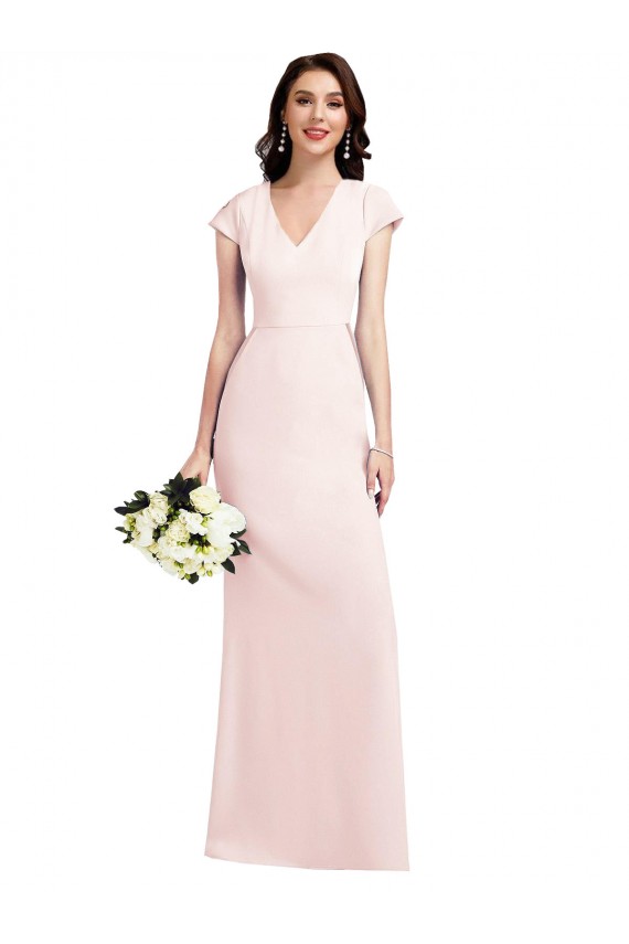 Comprimento Chão Rosa Mangas Curtas Linha A Vestidos de Madrinha / Vestidos de Noite / Vestidos de Festa Por Atacado