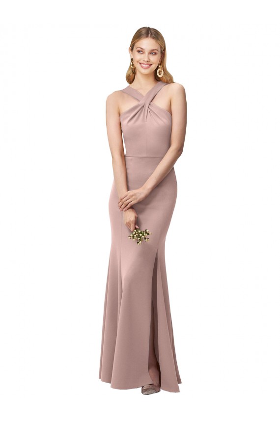Comprimento Chão Rosa Empoeirado Sem Mangas Bainha Criss Cruz Vestidos de Madrinha / Vestidos de Festa Por Atacado
