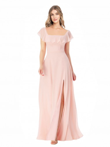 Comprimento Chão Rosa Mangas Curtas Linha A Decote Quadrado Vestidos de Madrinha Por Atacado