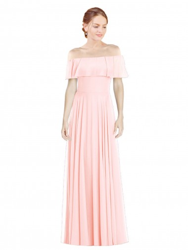 Comprimento Chão Rosa Sem Mangas Linha A Fora do Ombro Longo Vestidos de Madrinha Por Atacado