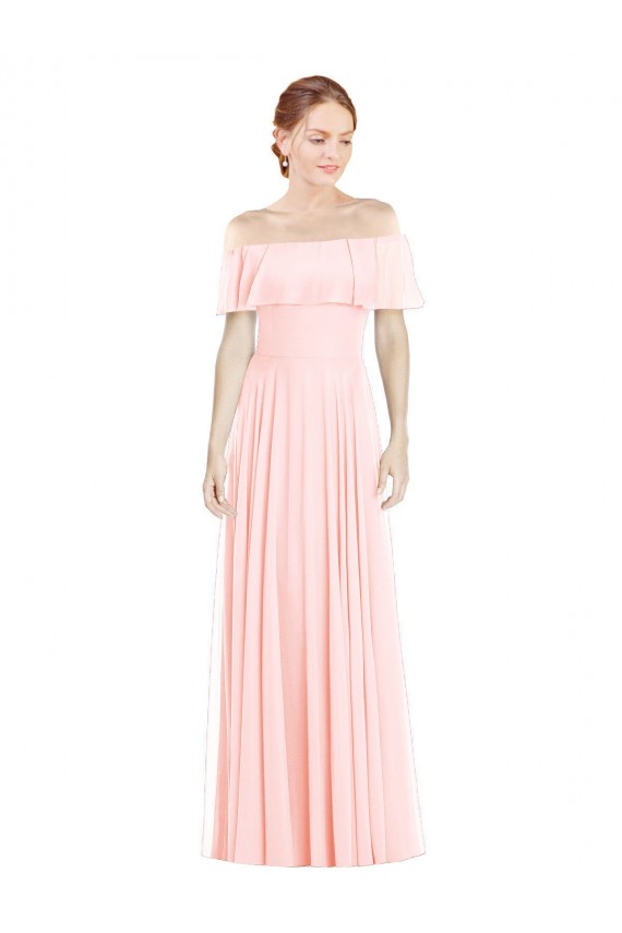 Comprimento Chão Rosa Sem Mangas Linha A Fora do Ombro Longo Vestidos de Madrinha Por Atacado