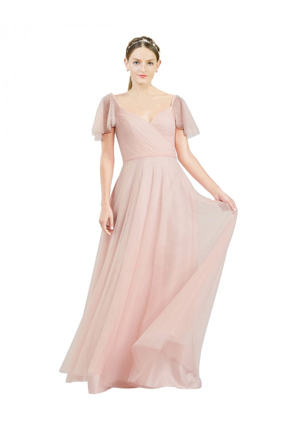 Comprimento Chão Rosa Mangas Esvoaçantes Linha A Vestidos de Madrinha Por Atacado