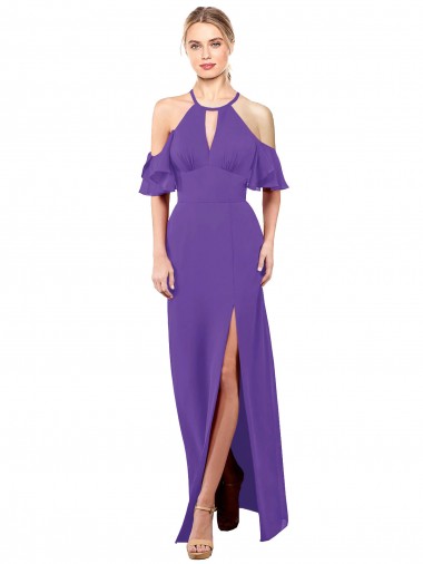 Comprimento Chão Roxo Mangas Folhos Linha A Abrir de volta Vestidos de Madrinha Por Atacado