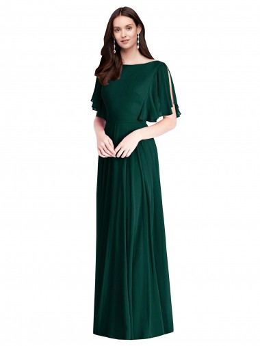 Comprimento Chão Sempre Verde Mangas Sino Linha A Costas em V Vestidos de Madrinha Por Atacado