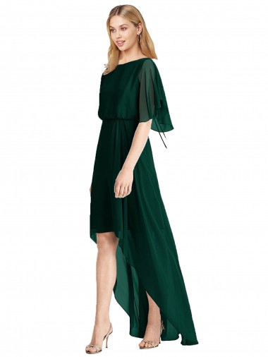 Alto Baixo Sempre Verde Mangas Esvoaçantes Linha A Amarrar para trás Alto Baixo, Vestidos de Madrinha Por Atacado