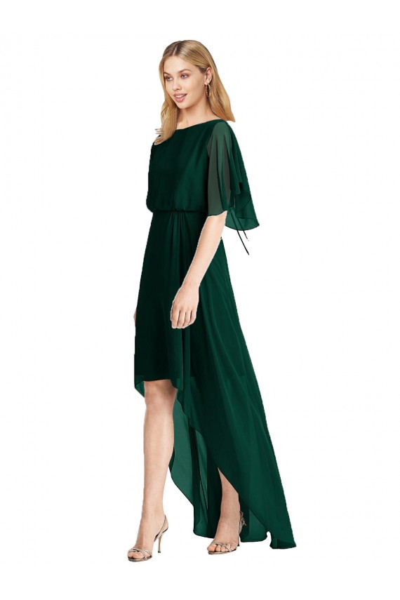 Alto Baixo Sempre Verde Mangas Esvoaçantes Linha A Amarrar para trás Alto Baixo, Vestidos de Madrinha Por Atacado