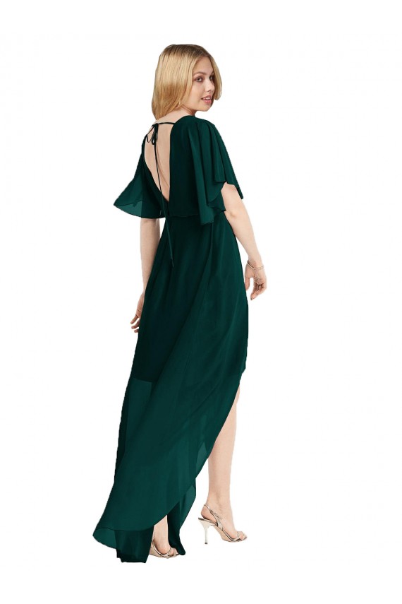 Alto Baixo Sempre Verde Mangas Esvoaçantes Linha A Amarrar para trás Alto Baixo, Vestidos de Madrinha Por Atacado