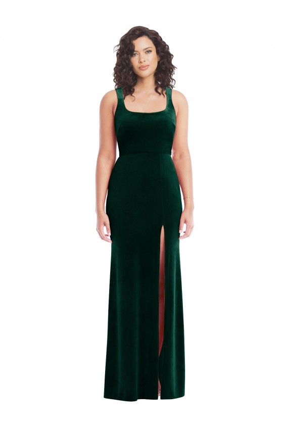 Comprimento Chão Verde Escuro Sem Mangas Trombeta Decote Quadrado Vestidos de Madrinha / Vestidos de Festa Por Atacado