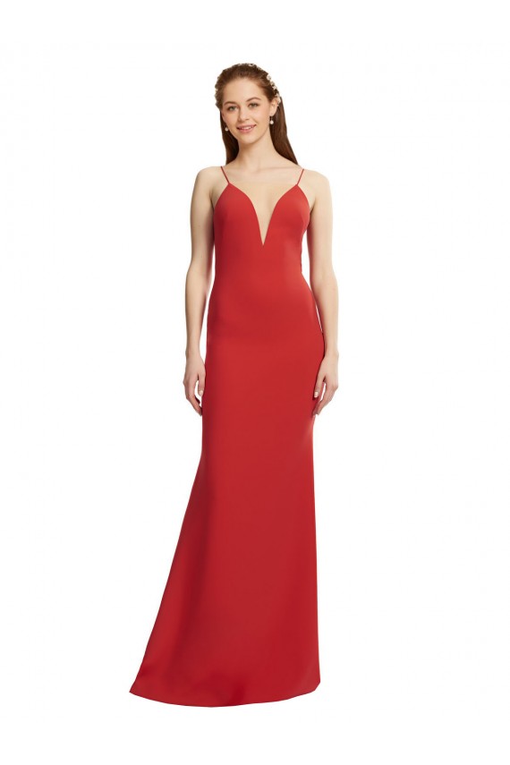 Comprimento Chão Vermelho Sem Mangas Sereia Abrir de volta Alças finas Vestidos de Madrinha / Vestidos de Noite / Vestidos de Festa Por Atacado