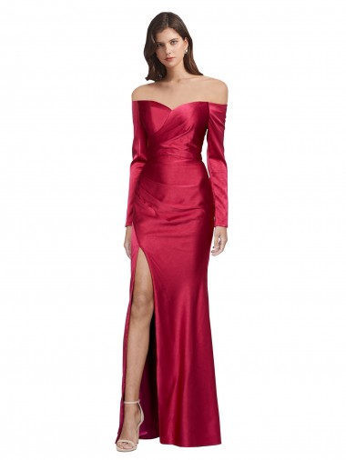 Comprimento Chão Vermelho Escuro Mangas Compridas Bainha Vestidos de Madrinha / Vestidos de Noite / Vestidos de Festa Por Atacado