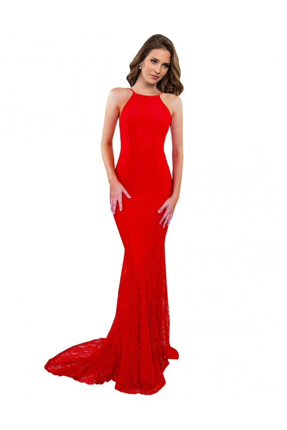 Comprimento Chão Vermelho Sem Mangas Sereia Abrir de volta Decote Alto Vestidos de Madrinha / Vestidos de Noite / Vestidos de Festa Por Atacado