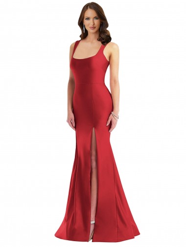 Comprimento Chão Vermelho Sem Mangas Sereia Decote Quadrado Vestidos de Madrinha / Vestidos de Noite / Vestidos de Festa Por Atacado