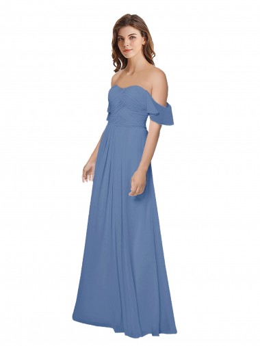 Comprimento Chão Windsor Azul Mangas Esvoaçantes Linha A Abrir de volta Vestidos de Madrinha Por Atacado
