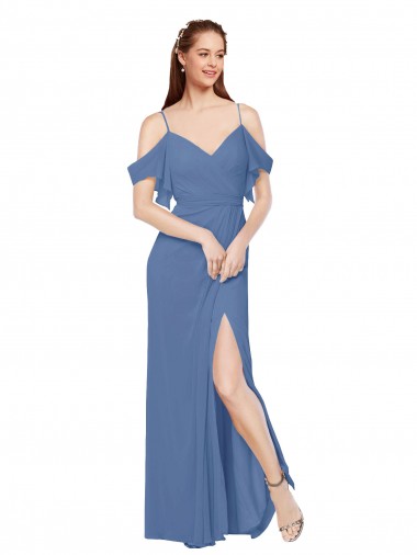Comprimento Chão Windsor Azul Sem Mangas Linha A Fora do Ombro Vestidos de Madrinha Por Atacado